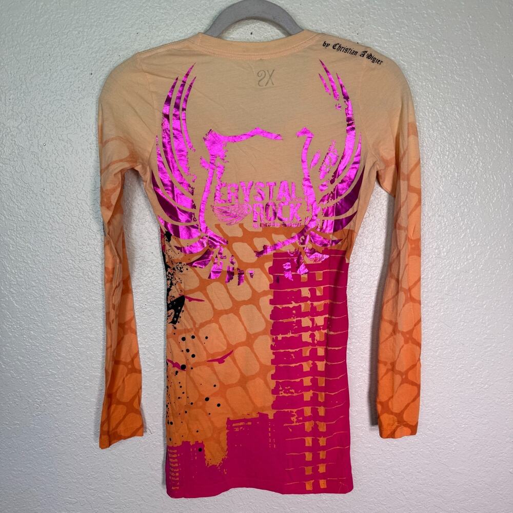 Christian Audigier Crystal Rock Y2K Shirt Womens XS Rocker Girl Guitar Tee NEW - Picture 2 of 14